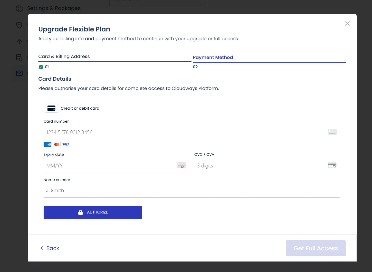 Cloudways 升级 Flexible 可控配置方案时填写信用卡和账单信息界面