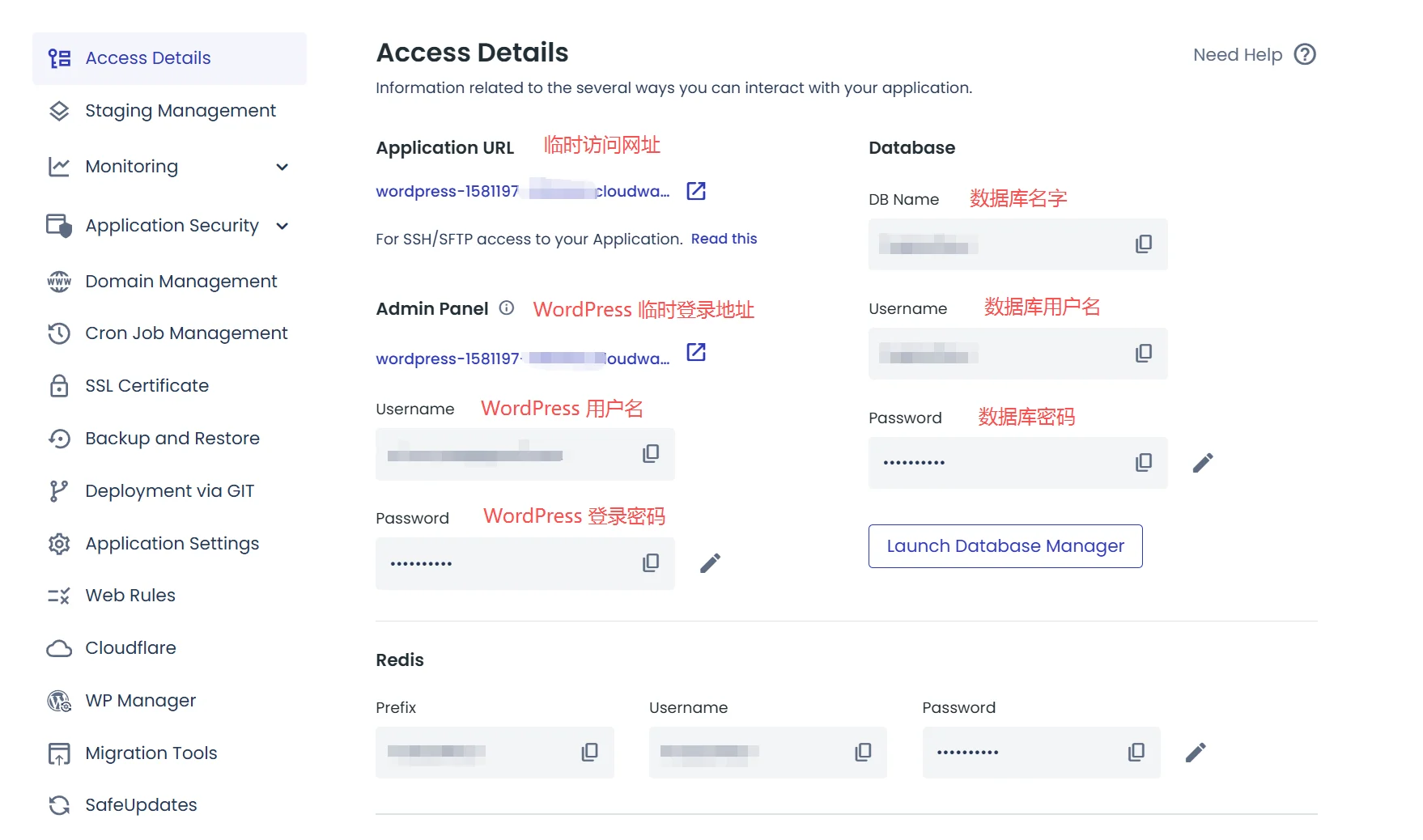 Cloudways Application Access Details 显示 WordPress 后台入口和账号信息